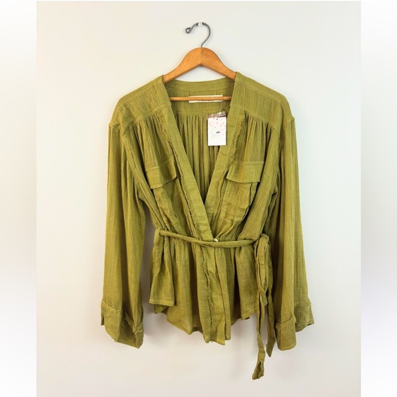 We The Free. Free People. Olive green semi sheer safari wrap shirt. - Picture 6 of 6